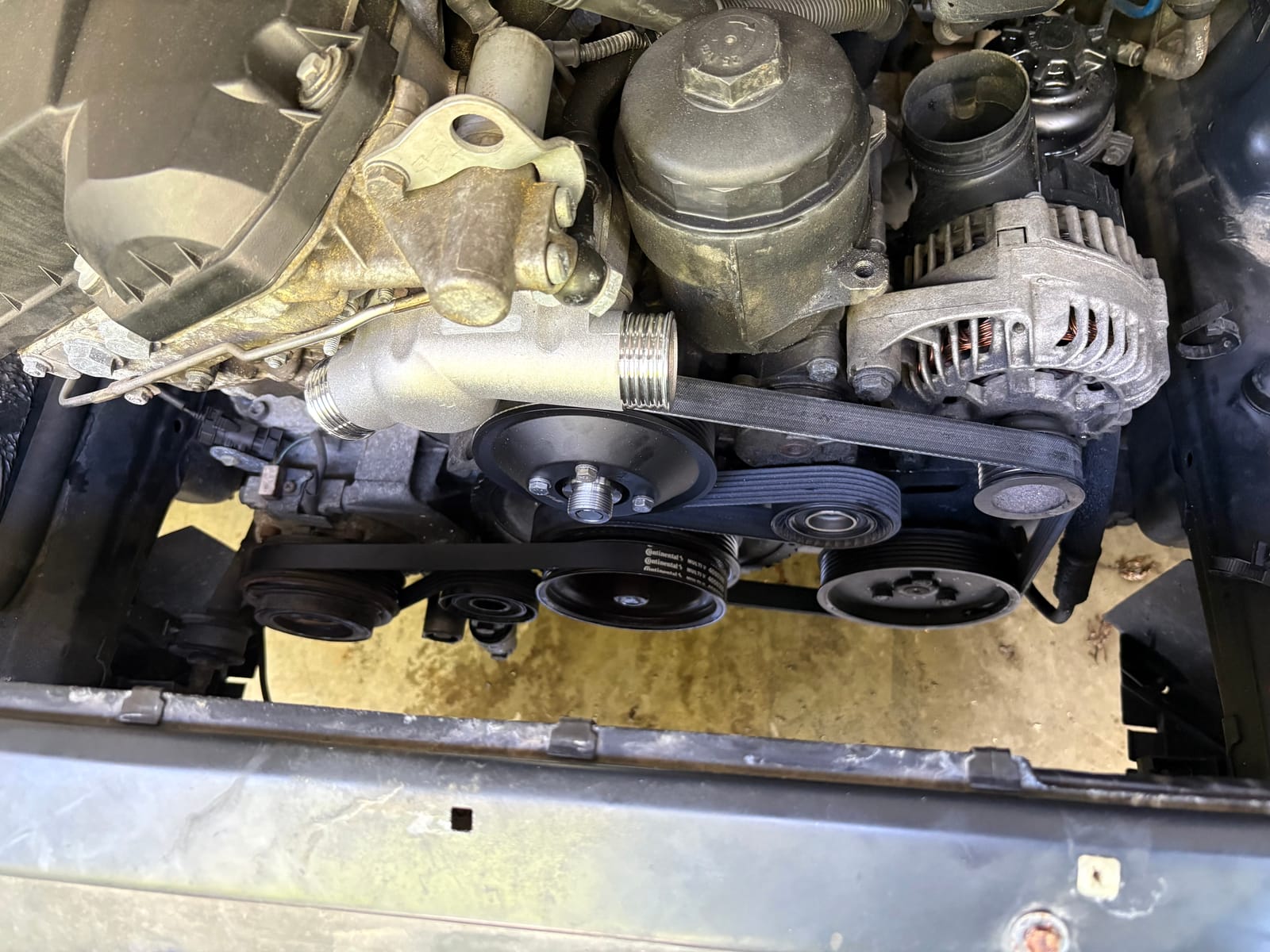 Accessory belt, pulleys, alternator, and coolant hoses in the engine bay